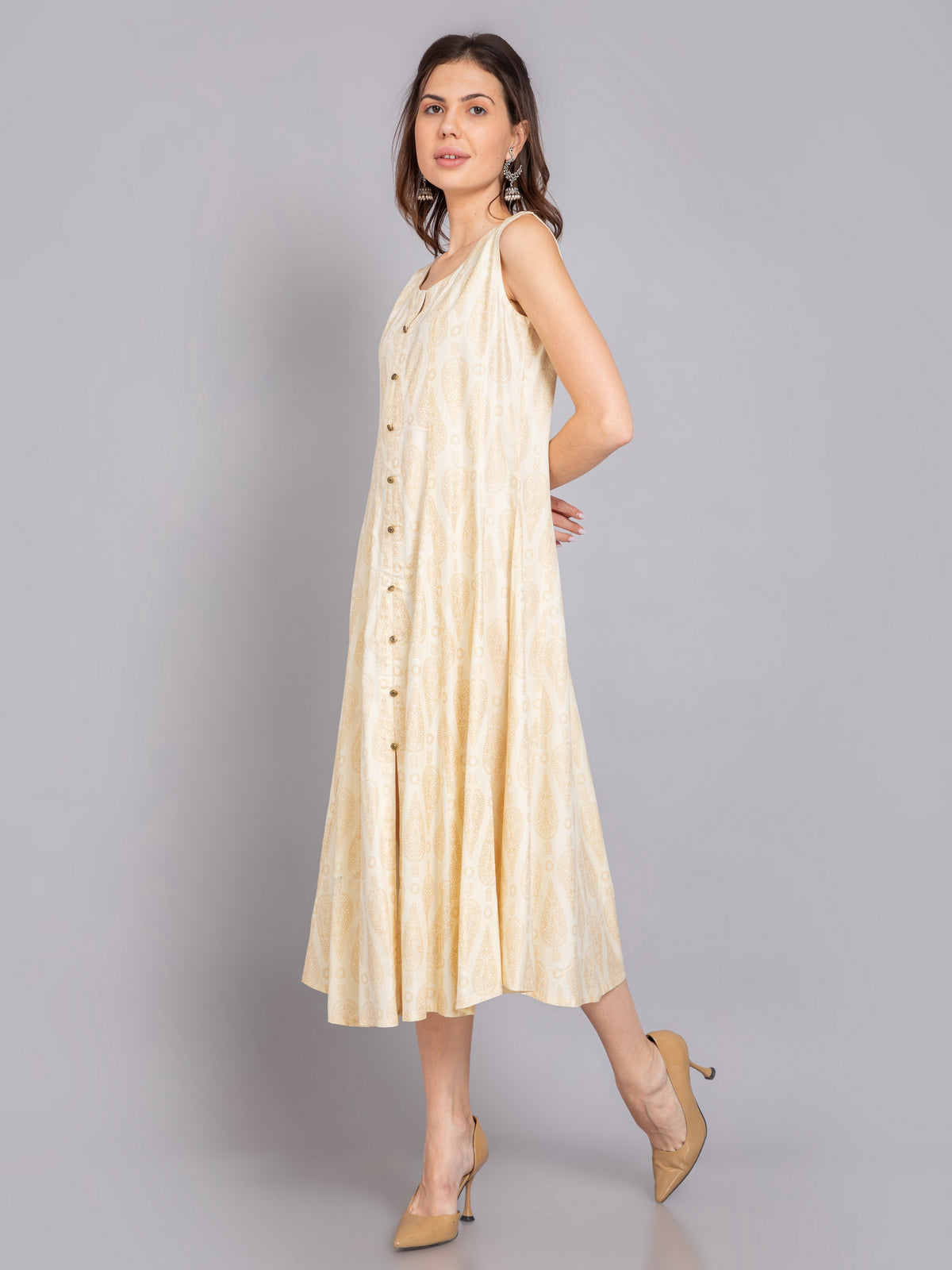 Gold Printed Sleeveless Long Kalidar Kurti with Buttons