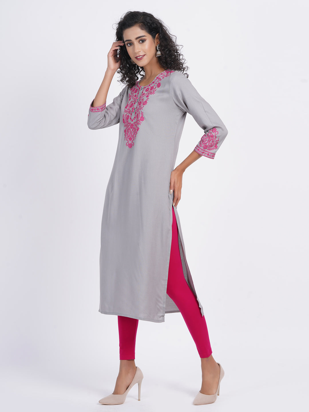 Chikankari Embroidered Rayon Long Kurti with Craft Buttons