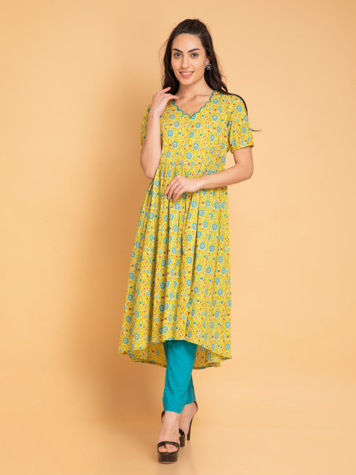 Mul Cotton Floral Printed High-Low 2 Pc Kurta Set