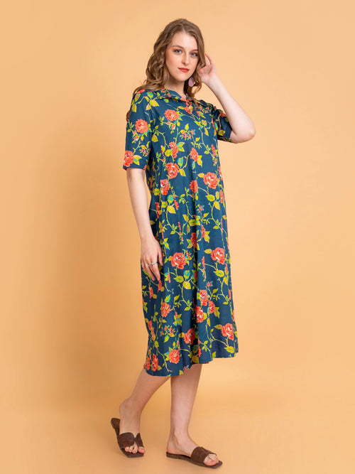 Mul Cotton Floral Print Flared Long Dress