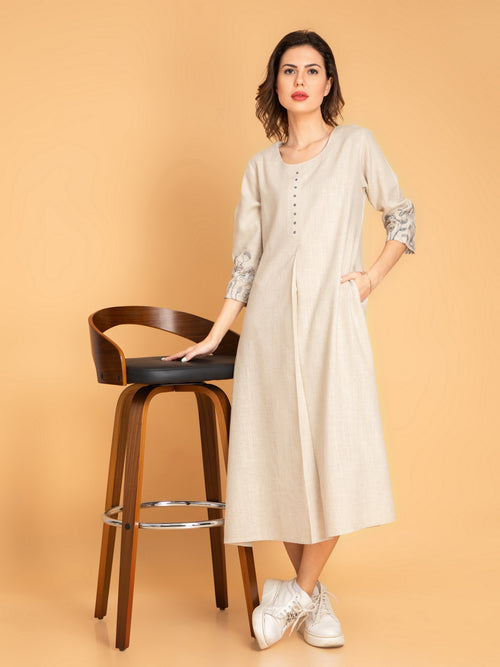 Suti Women Rayon Linen Dress Tunic with Embroidered Sleeves