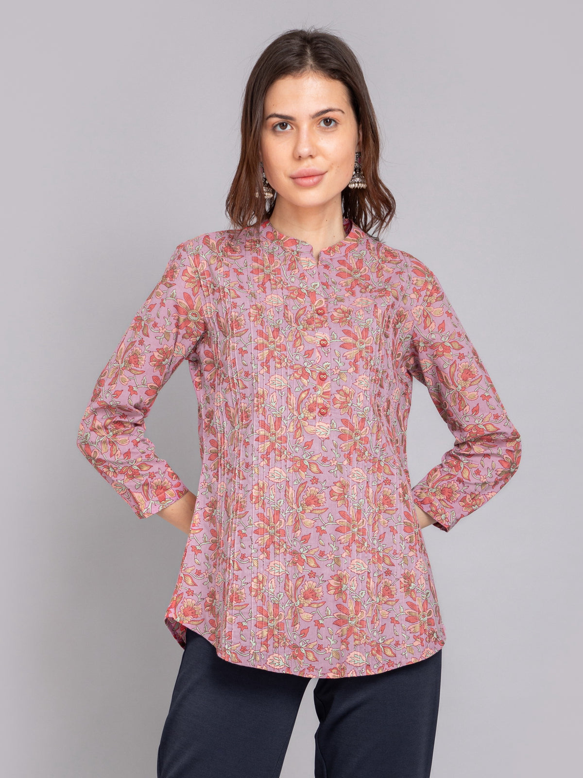 Mul Cotton Floral Printed Short Top with Pintuck Details