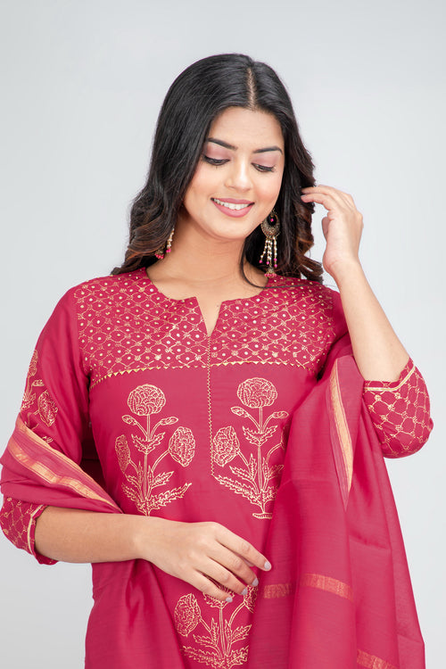 Silk Hand-Block Printed 3Pc Kurta Set with Chanderi Dupatta