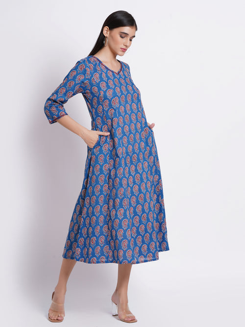 Printed Flared Long Kurti with Handcrafted Embellishments