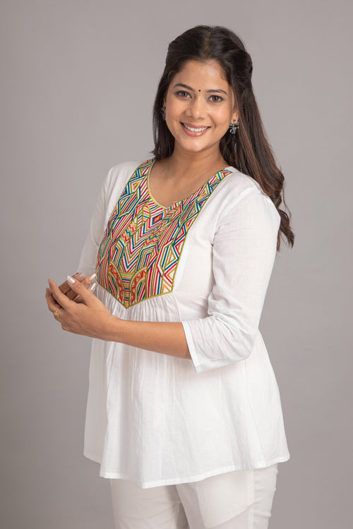 Flared Short Top with Multicolor Geometric Embroidery on Yoke