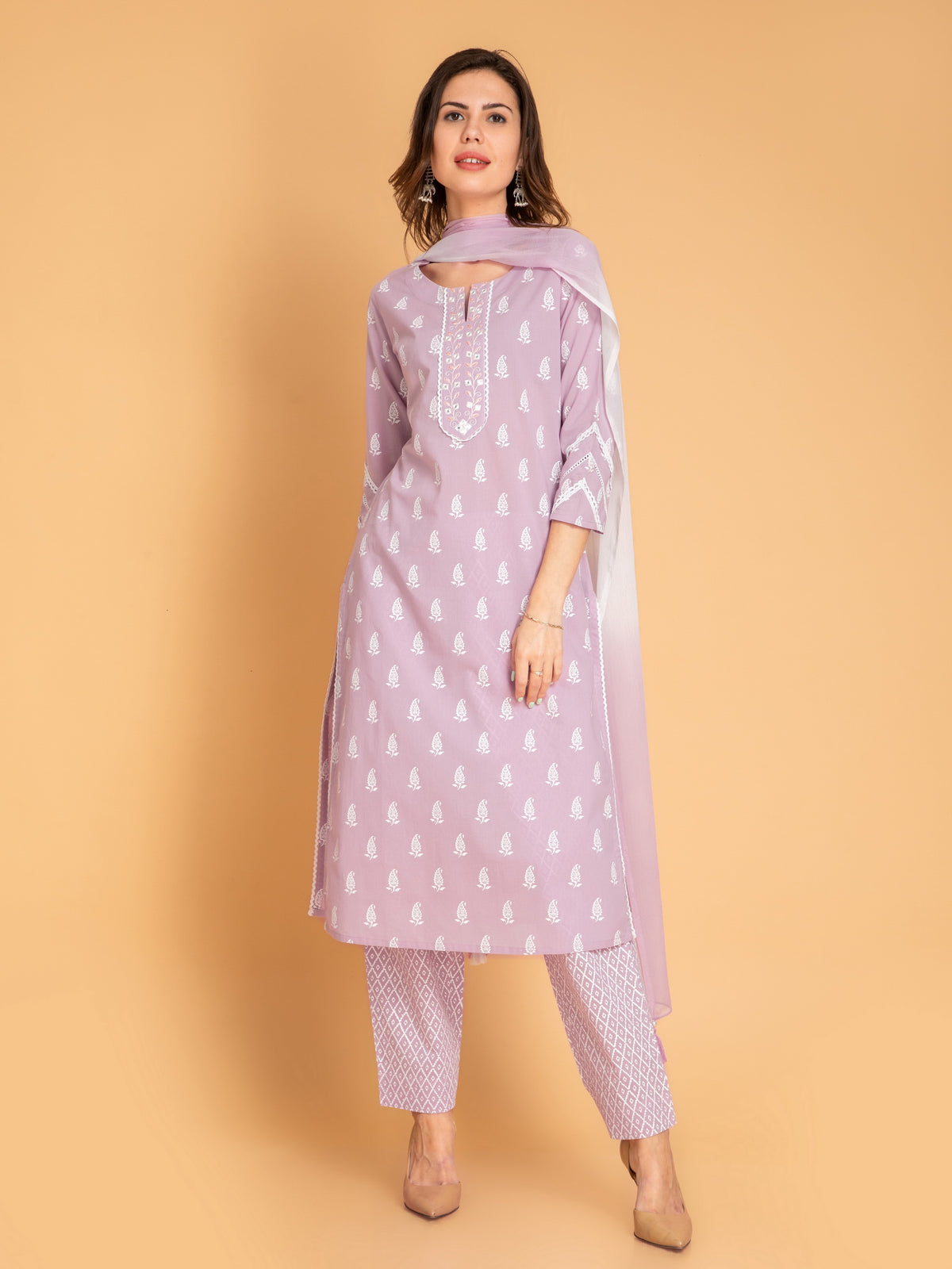 MUL COTTON PRINTED 3PCS. KURTA PANT SET EMBELLISHED WITH EMBROIDERY AND LACE DETAILS.