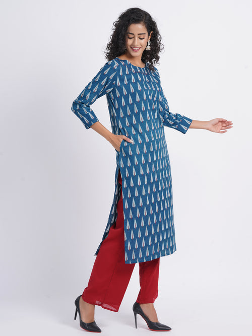 Rayon Linen Printed Boat Neck Kurti with Handwork Details