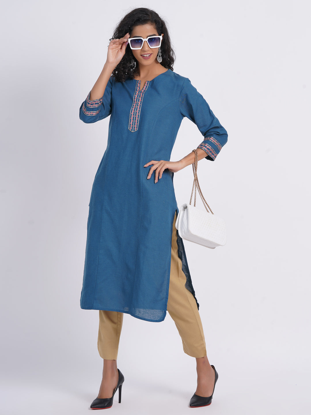 Rayon Linen Blend Princess Kali Kurti with Contrast Embroidery