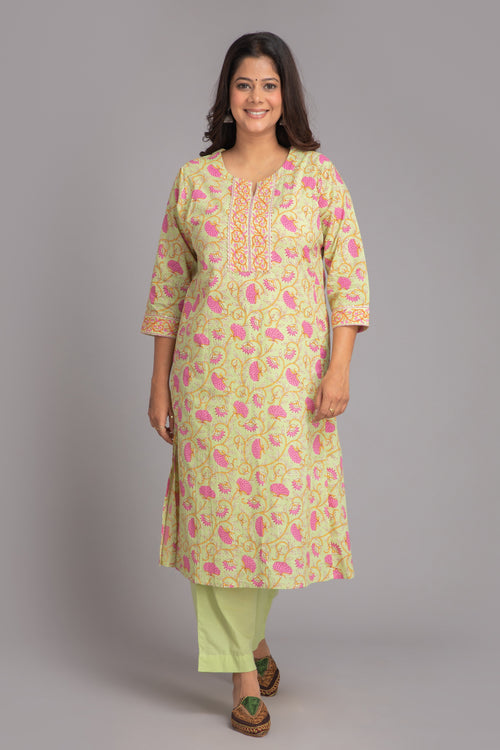 Hand Embellished Lucknowi Style Printed Kurta Pant Set