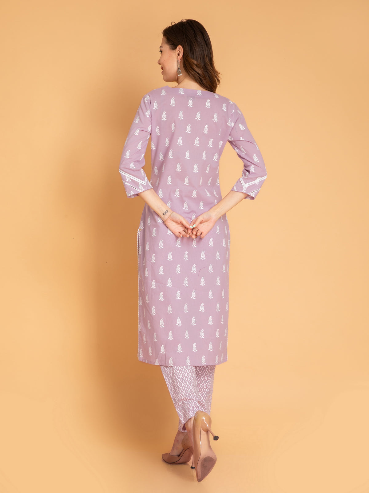 MUL COTTON PRINTED 3PCS. KURTA PANT SET EMBELLISHED WITH EMBROIDERY AND LACE DETAILS.