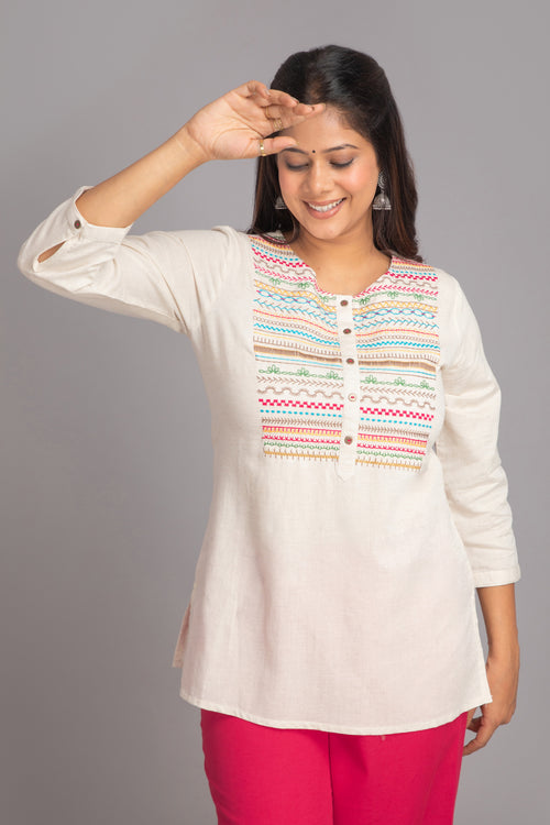 Rayon Linen Top with Colorful Embroidery