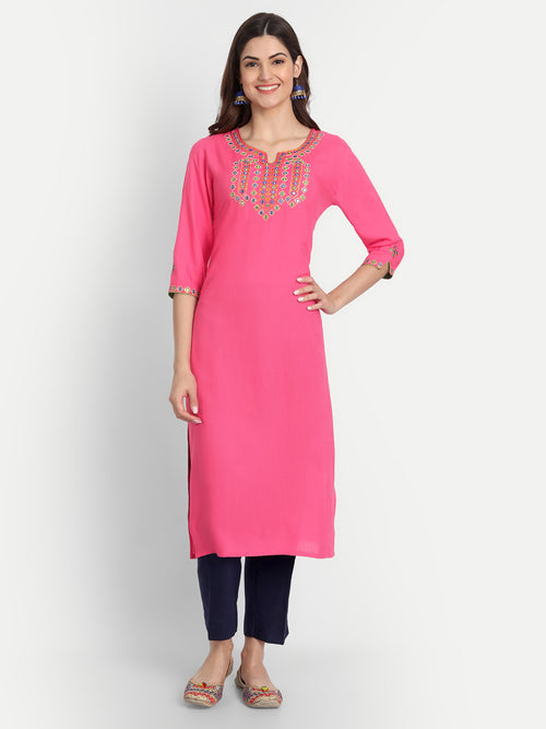 SUTI WOMEN RAYON EMBROIDERED MIRROR WORK STRAIGHT LONG KURTI