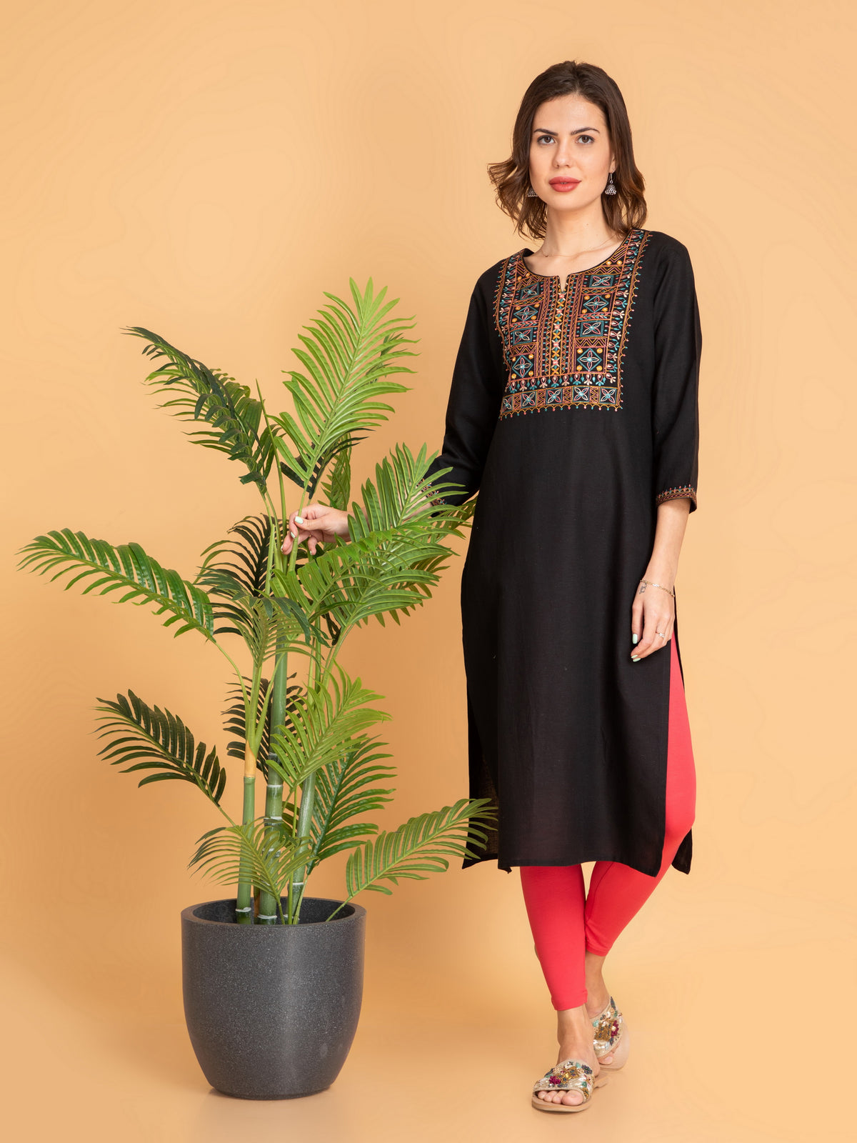 Linen Blend Embroidered Long Kurti