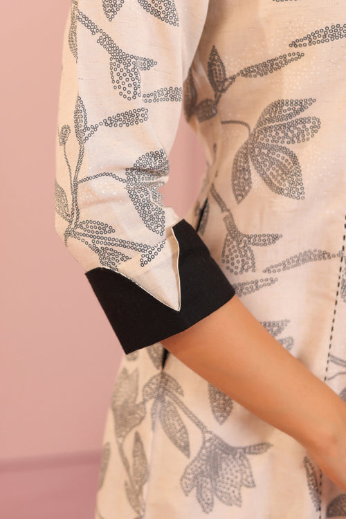 LINEN BLEND KHADI PRINTED FASHION WEAR DRESS EMBELLISHED WITH HAND CRAFT DETAIL
