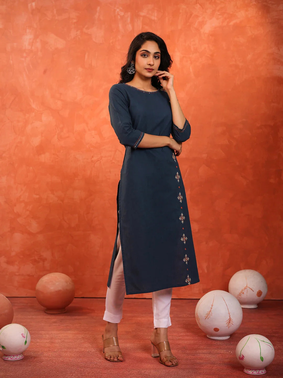 Women Marine Blue mirror-handlook-embroidered-single-kurti-embellished-with-handcraft-details