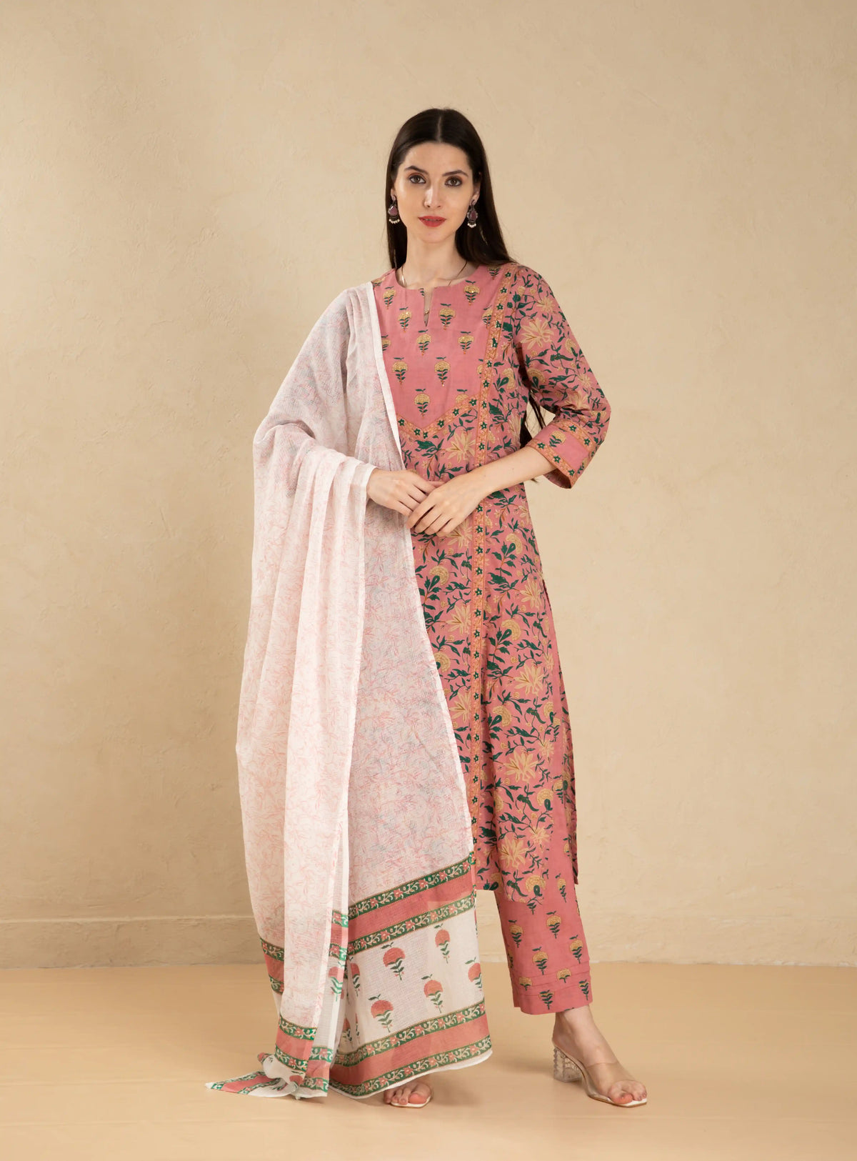 MUL COTTON 3PC KURTA PAIRED WITH KOTA DORIA DUPATTA SET EMBELLISHED WITH HAND CRAFT DETAILS