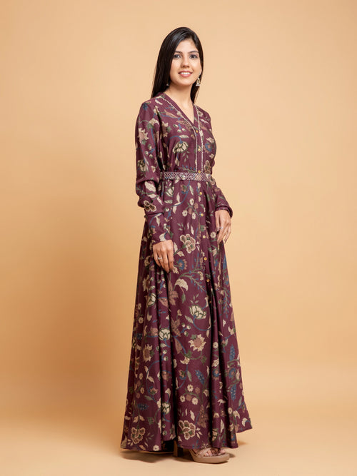 KALAMKARI PRINTED FLAIRED DRESS EMBELLISHED WITH ADDA WORK