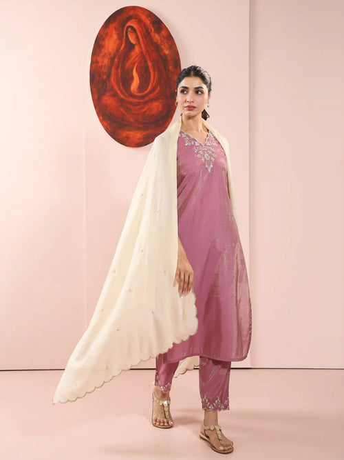 3PC SHIMMER KURTA PANT SET DETAILED WITH GOTA EMBROIDERY