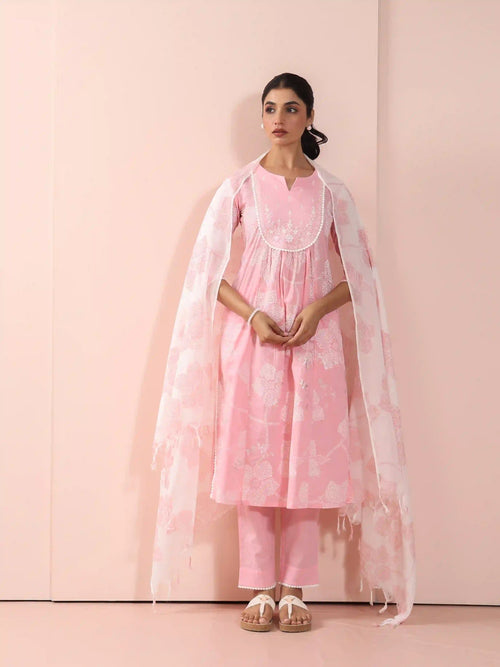 MUL COTTON KHADI FOIL PRINTED 3PC KURTA SET