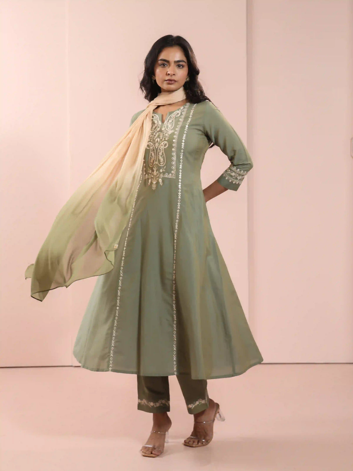 MIRROR EMBROIDERED 3PC FLAIRED KURTA SET PAIRED WITH CHIFON OMBREY DUPATTA