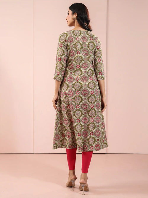 MUL COTTON AJRAK PRINTED SHRUG LOOK KURTI EMBELLISHED WITH ADDA WORK CRAFT