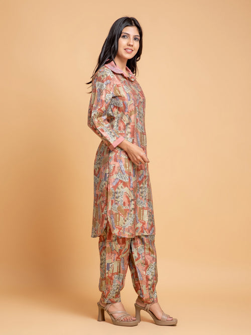 ABSTRACT PRINT 2PC CO-ORD SET WITH COLLAR EMBROIDERY