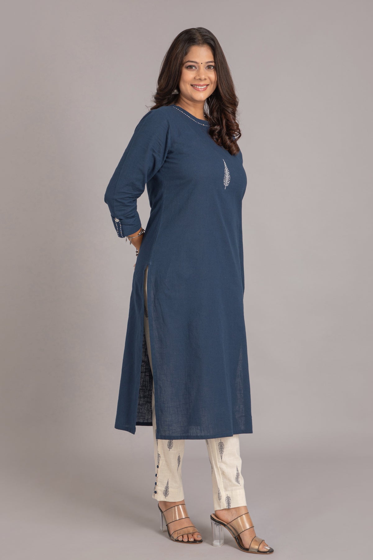 Embroidered Straight Kurti with Printed Trouser