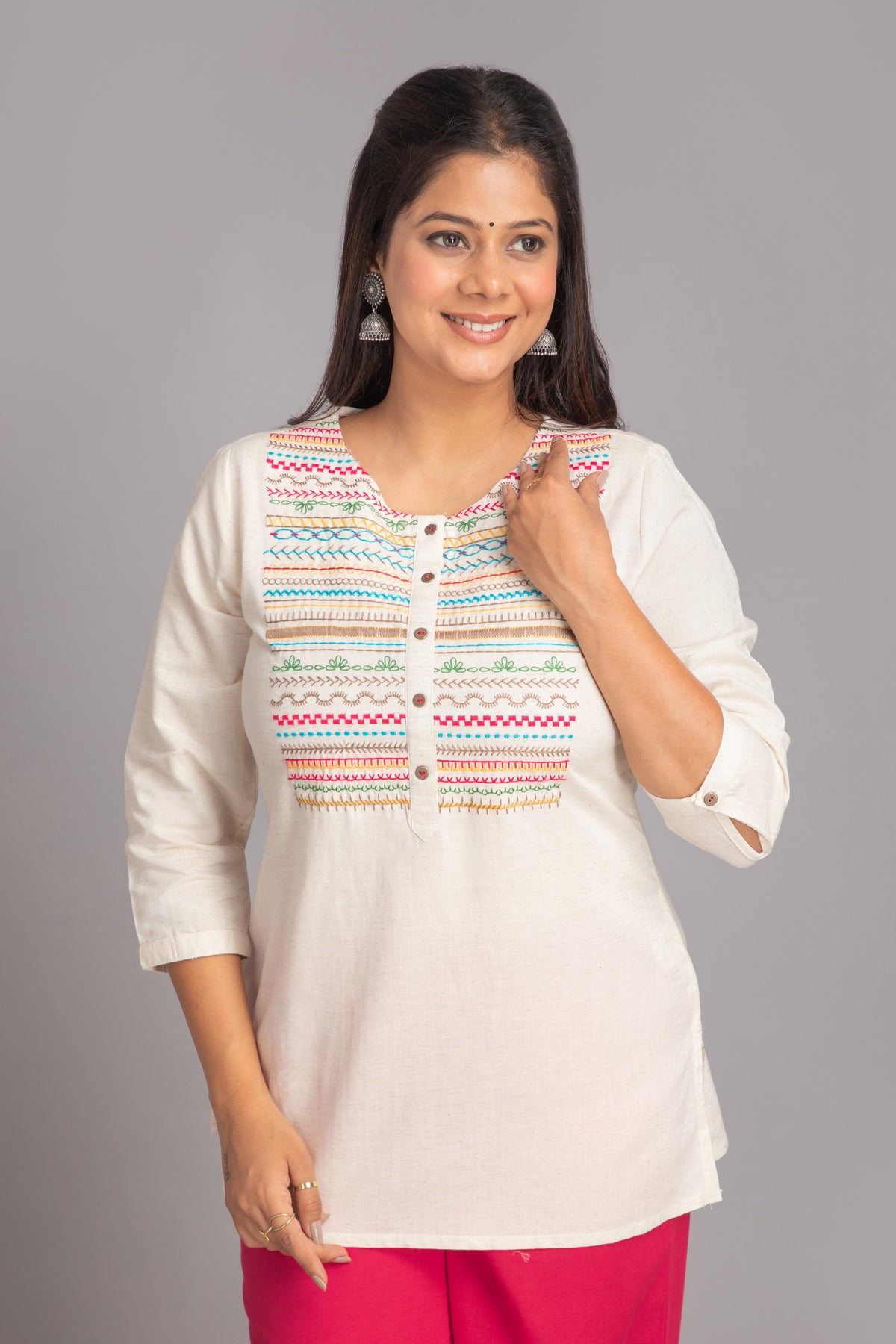 Rayon Linen Top with Colorful Embroidery