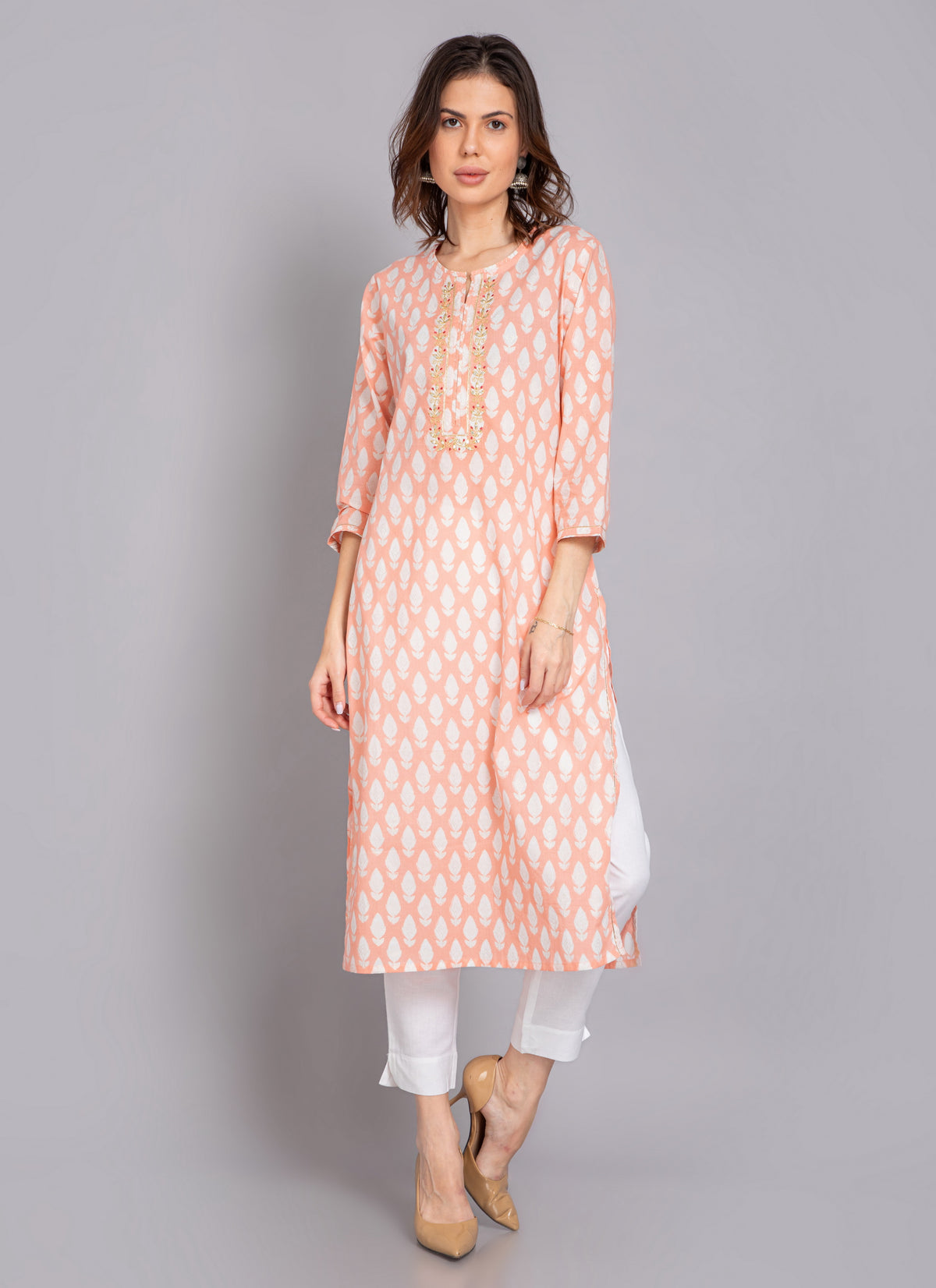 MUL-COTTON PRINTED KURTI WITH GOTA EMBROIDERY & LACE WITH EMBELLISHED DETAILS