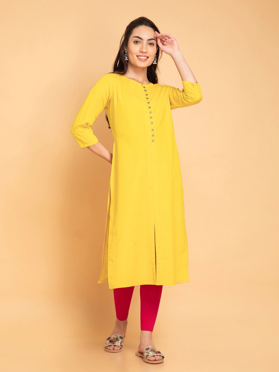 Linen Blend Long Kurti with Metal Buttons