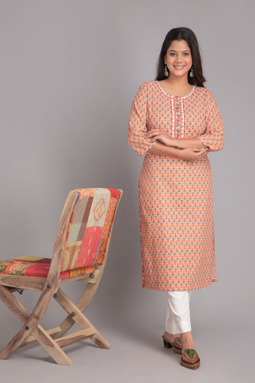 Printed Long Kurti with Embroidery & Sequins Work