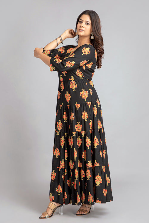 LONG TIERED PRINTED FUSSION DRESS HAND EMBELISHED SEQ