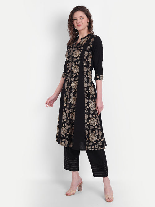 Cotton Linen Gold Printed 2 Pc Kalidar Kurta Set