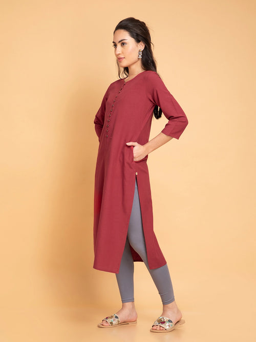 Linen Blend Long Kurti with Metal Buttons