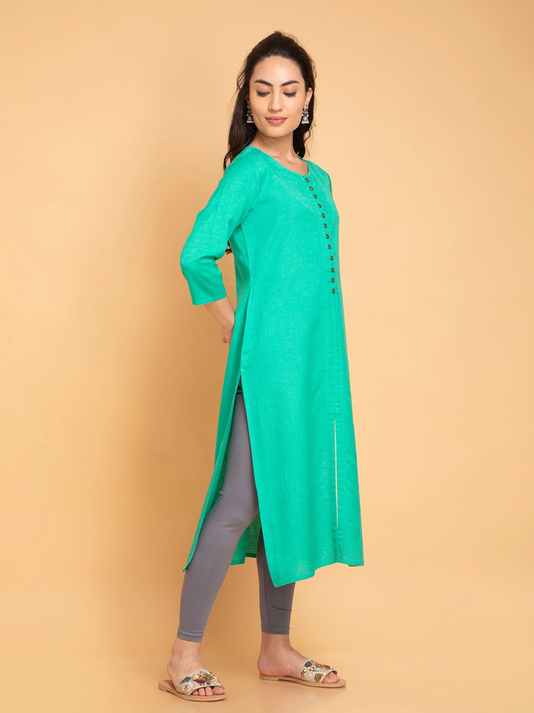 Linen Blend Long Kurti with Metal Buttons