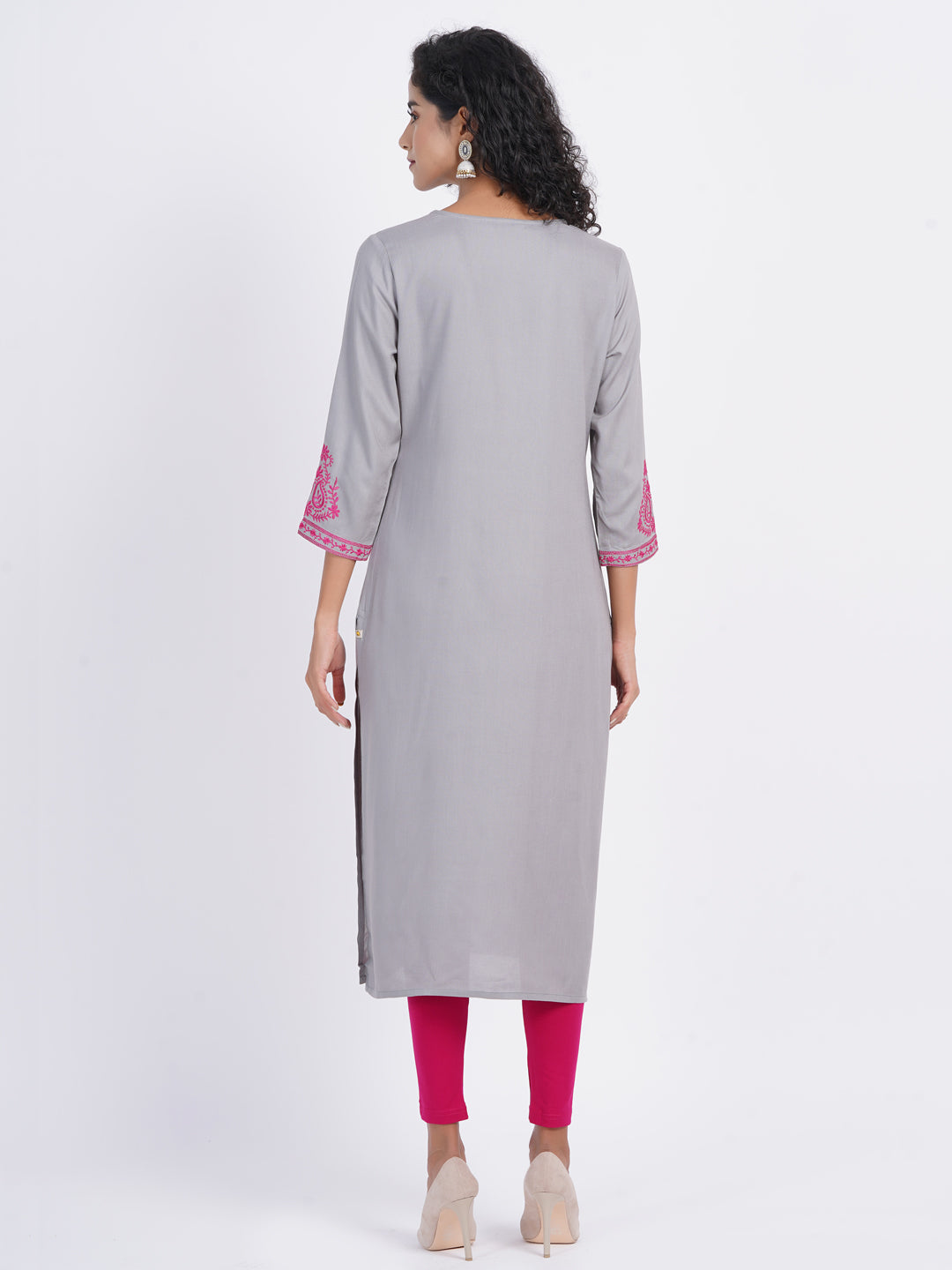 Chikankari Embroidered Rayon Long Kurti with Craft Buttons