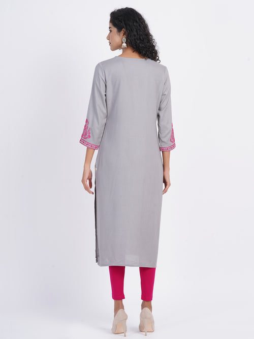 Chikankari Embroidered Rayon Long Kurti with Craft Buttons