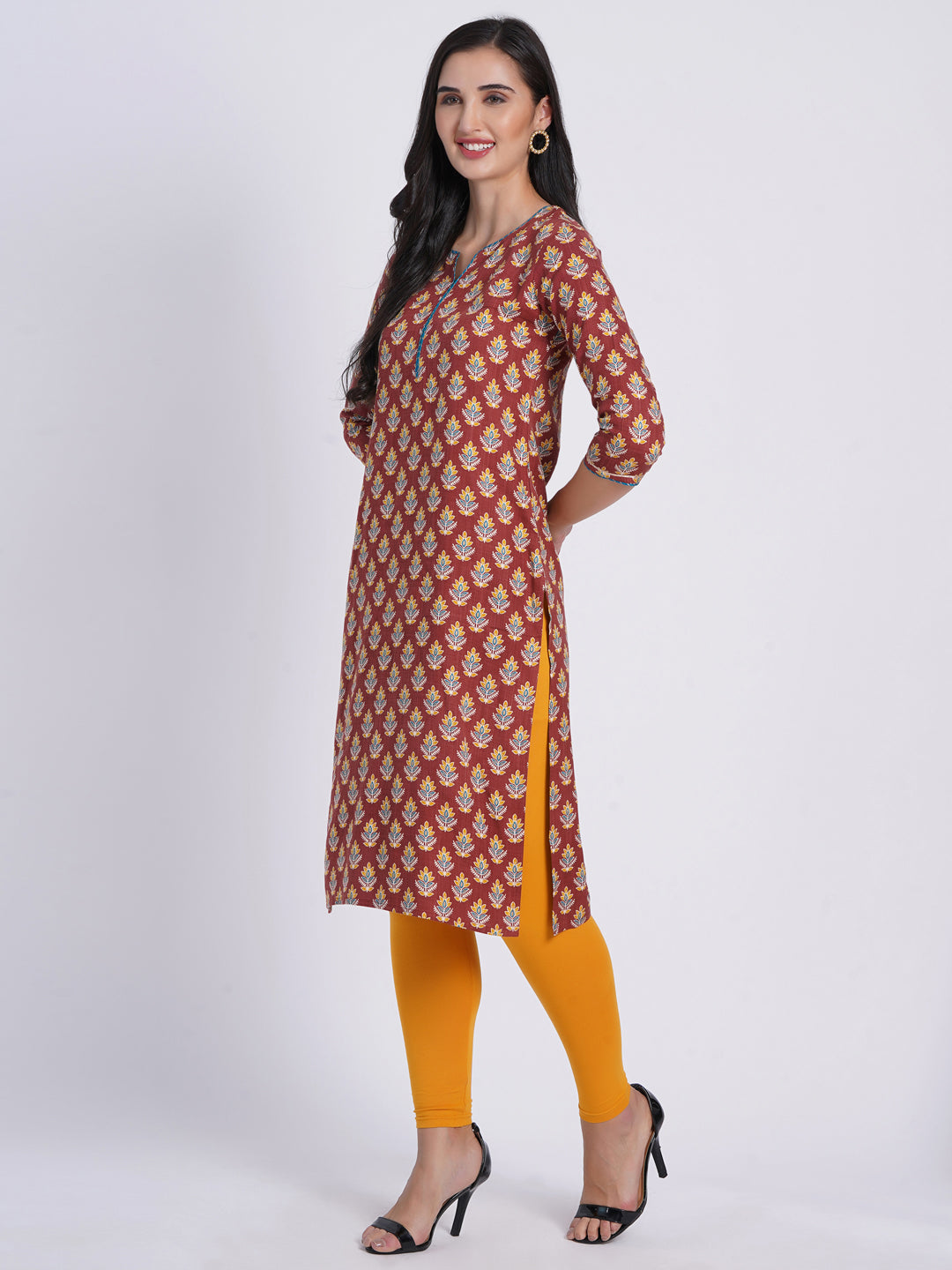 Suti Women Rayon Floral Printed Long Kurti Embellished With Zari Work Details