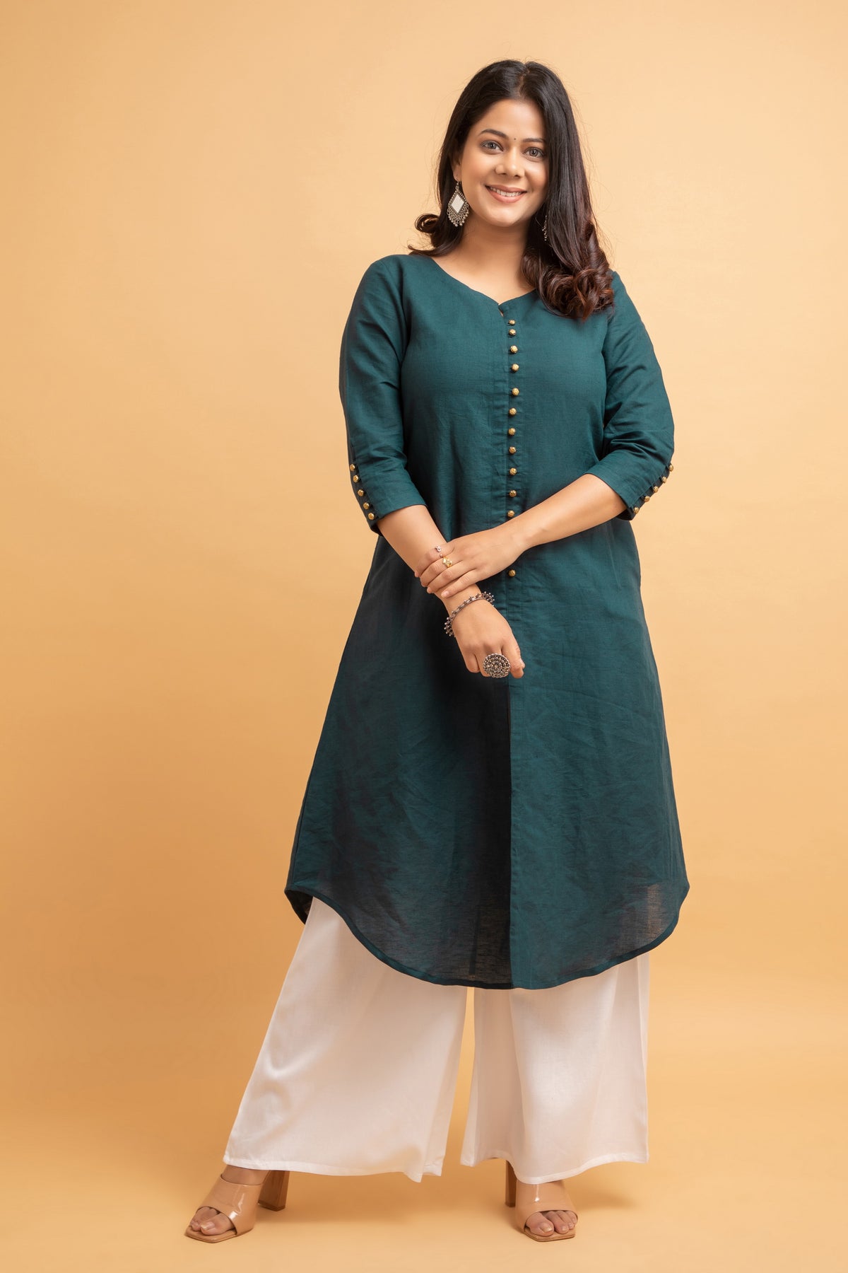 Cotton Linen Long Kurti with Button Detail