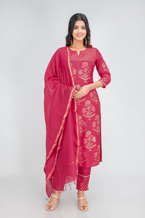 Silk Hand-Block Printed 3Pc Kurta Set with Chanderi Dupatta