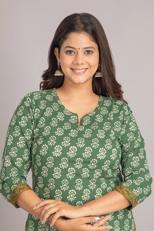 Mul Cotton Printed Long Kurti with Kantha Work