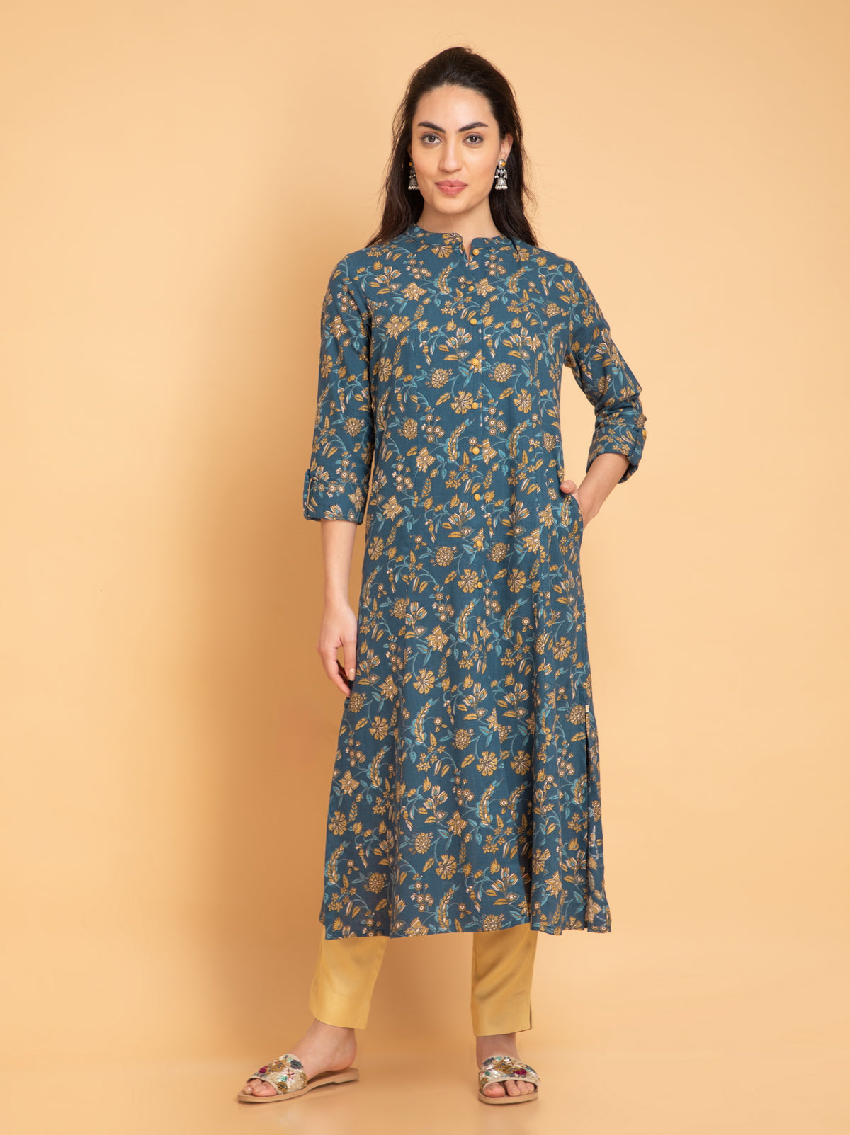 Cotton Slub Kalamkari Print A-Line Long Kurti