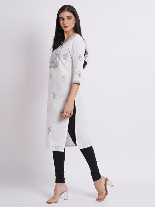 Cotton Slub Embroidered Long Kurti