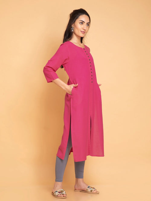 Linen Blend Long Kurti with Metal Buttons