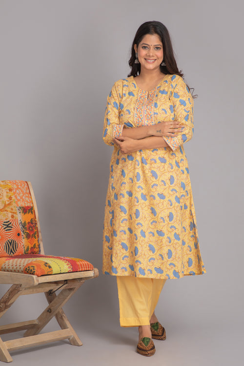 Hand Embellished Lucknowi Style Printed Kurta Pant Set