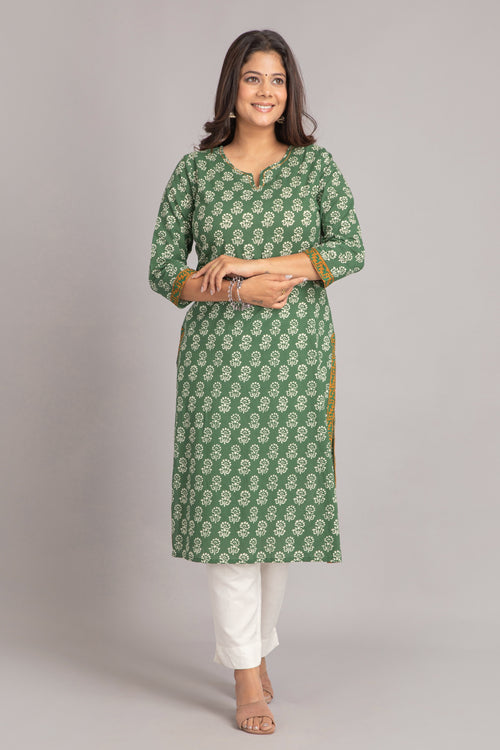 Mul Cotton Printed Long Kurti with Kantha Work