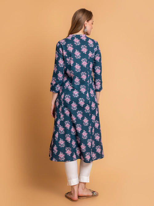 FLORAL PRINTED A-LINE KURTI EMBELLISHED WITH BUTTON DETAILS