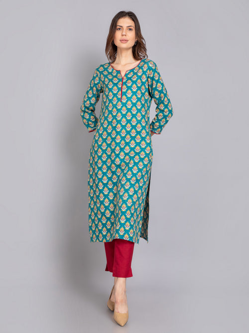 Suti Women Rayon Floral Printed Long Kurti Embellished With Zari Work Details