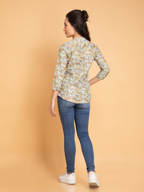 Mul Cotton Floral Printed Short Top with Pintuck Details