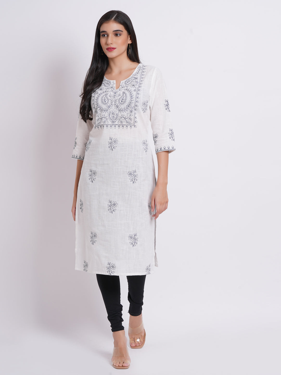 Cotton Slub Embroidered Long Kurti